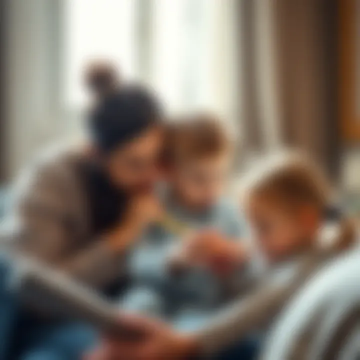 A Scorpio parent gently comforts a child while a Pisces parent engages in a creative activity with another child, showcasing their nurturing and empathetic parenting style.