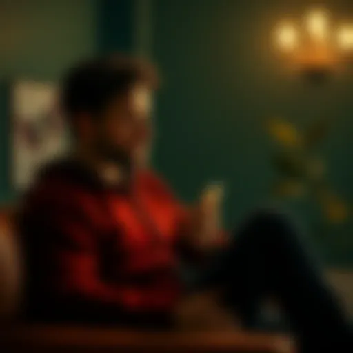 A thoughtful Scorpio man sitting alone, looking at his phone with a pensive expression, indicating uncertainty in his romantic relationship with a Taurus woman.