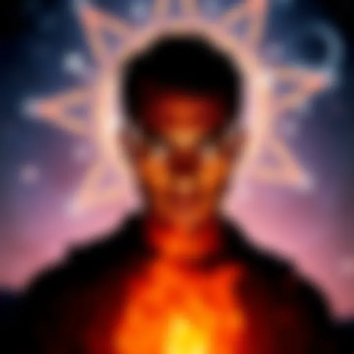 A person with an intense gaze standing against a starry night backdrop, representing Scorpio rising energy.