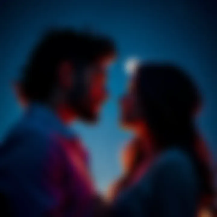 A Scorpio rising couple gazing into each other's eyes, showcasing their deep emotional connection and intensity, with a starry night background.
