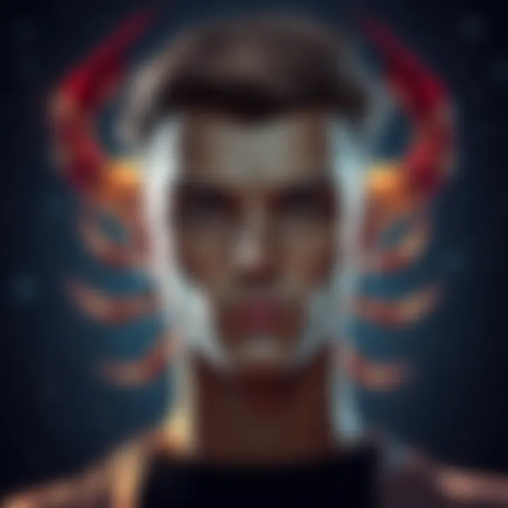 Scorpio Rising Portrait A Scorpio rising person with a confident expression, showcasing a blend of mysterious charm and intense gaze, surrounded by a starry night sky.