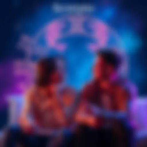 Scorpio Rising and Relationships A couple sitting together, showing emotional connection while discussing their feelings, with zodiac symbols in the background representing Scorpio.