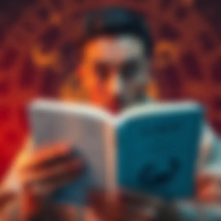 A person looking surprised while reading about Scorpio rising traits in an astrology book, with zodiac symbols in the background.