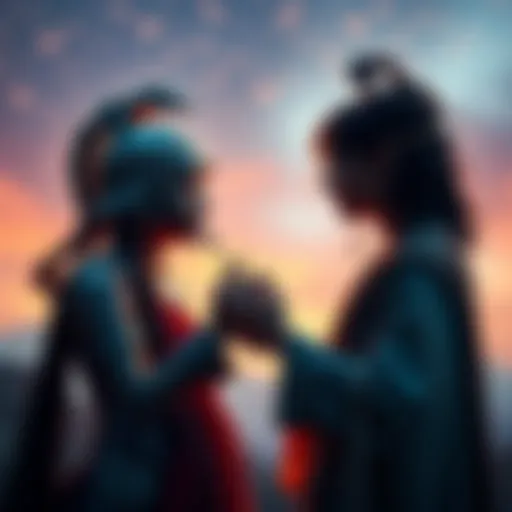 Two figures representing Scorpio and Sagittarius engaged in a lively conversation, showing friendship and connection.