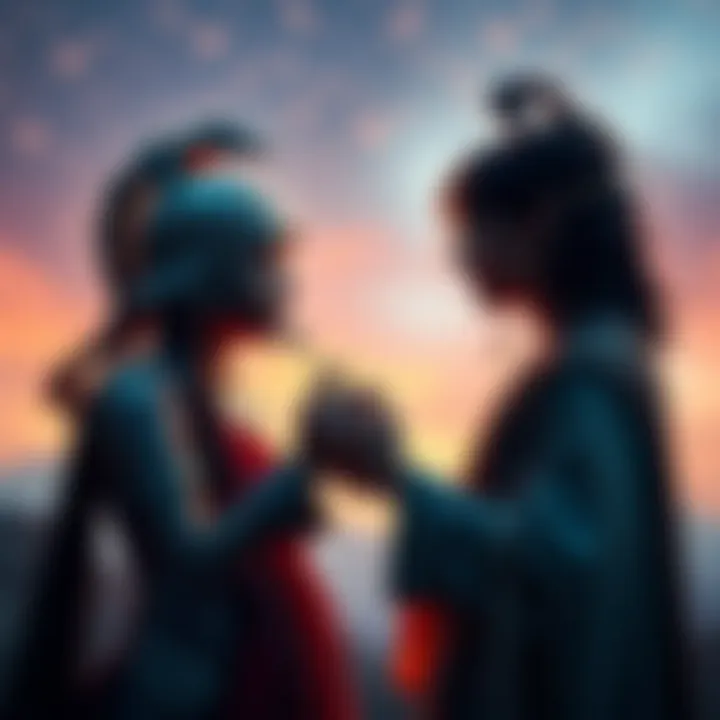 Two figures representing Scorpio and Sagittarius engaged in a lively conversation, showing friendship and connection.