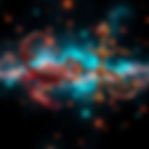 An artistic representation of Scorpio and Sagittarius zodiac signs, showcasing their symbols with vibrant colors.