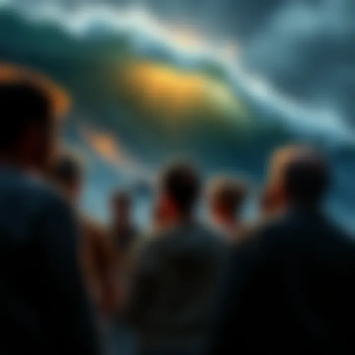 A group of people sharing their intense feelings and experiences related to Scorpio astrology, with a backdrop of deep ocean waves symbolizing emotional depth.