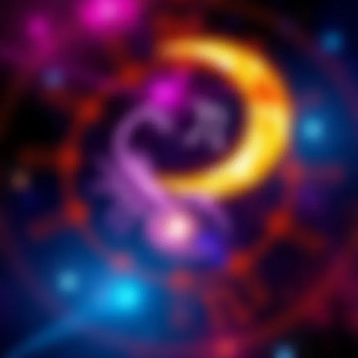 A Scorpio sun symbol merges with a Gemini moon symbol, featuring stars and zodiac signs in a vibrant night sky.
