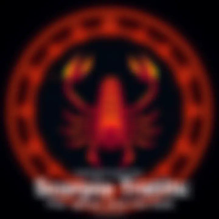 A stylized Scorpio zodiac sign with a scorpion illustration and starry background