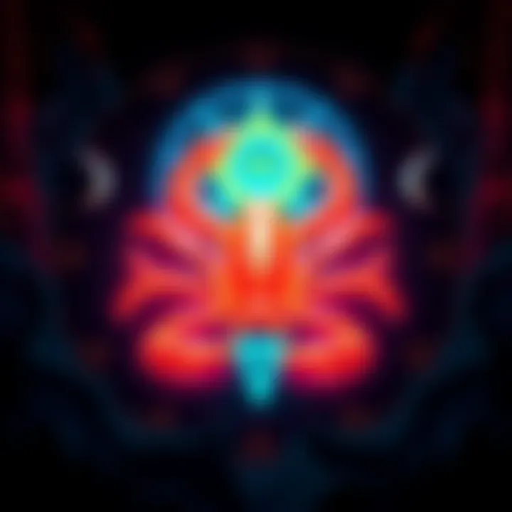 A bold Scorpio symbol in bright colors, representing the powerful nature of the zodiac sign, with mystical elements around it.