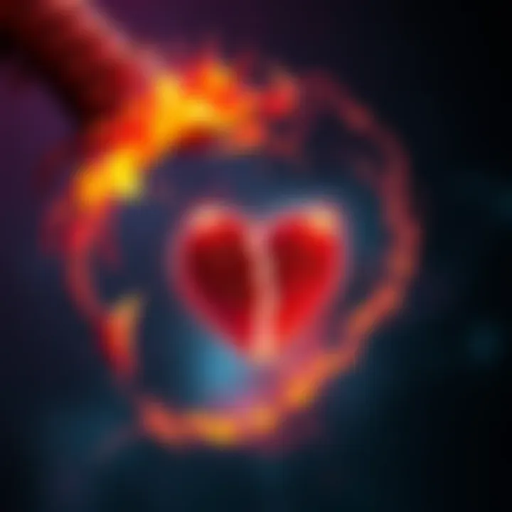 A Scorpio symbol surrounded by a broken heart graphic, representing painful endings and emotional growth.