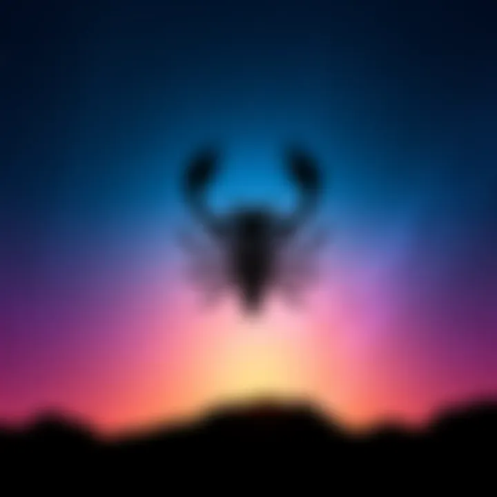 A Scorpio symbol against a starry, cosmic background, representing transformation and self-care during Pluto's retrograde.