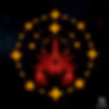 A Scorpio zodiac symbol surrounded by stars, representing the sign's connection to intimacy and sexuality.