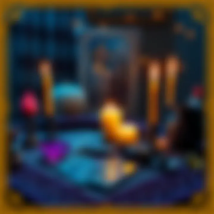 A Scorpio-themed tarot card reading setup with candles and crystals, symbolizing self-discovery and personal value for 2025.