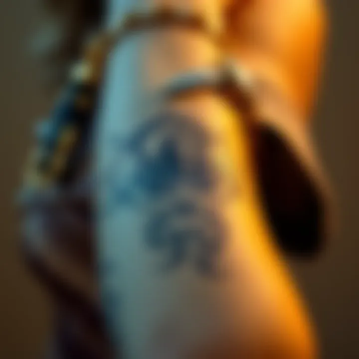 A close-up of a Scorpio tattoo on a person's forearm, showcasing the scorpion symbol surrounded by intricate designs. The person wears stylish jewelry that complements the tattoo.