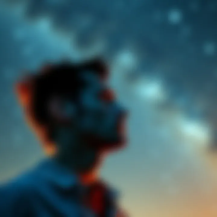 A Scorpio man reflecting on a deep bond with his Taurus ex-girlfriend, symbolizing their zodiac connection with stars in the background.