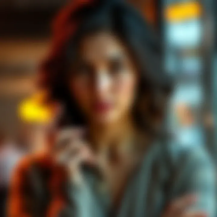 A Scorpio woman looks thoughtful while holding a phone, reflecting on her Taurus lawyer's honesty after he cancels a date.