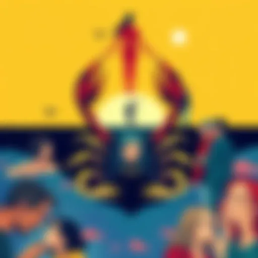 A depiction of Scorpio traits showing a balance between friendship and betrayal, featuring a scorpion symbol and illustrations of people interacting in various emotional states.