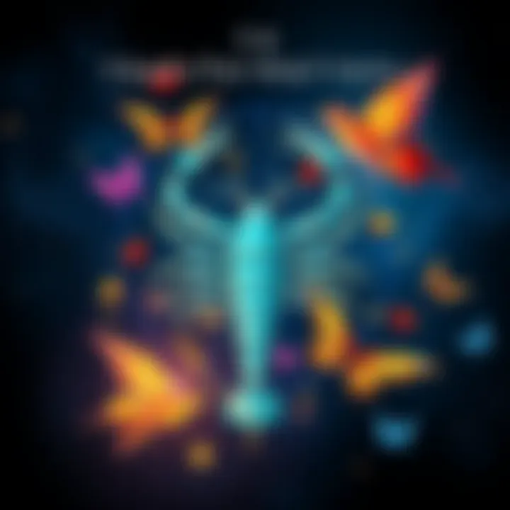 An illustration of the Scorpio zodiac symbol surrounded by elements representing transformation, such as butterflies and phoenixes, set against a starry background.