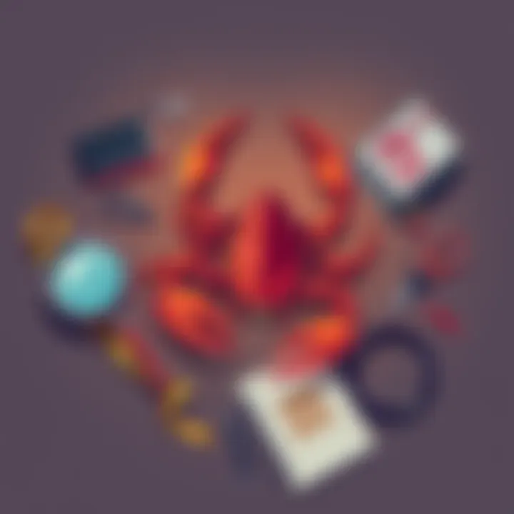 Illustration of the Scorpio zodiac sign surrounded by true crime symbols like a magnifying glass, crime scene tape, and a notebook.