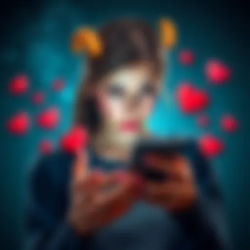 A person with Scorpio traits looking frustrated while holding a phone displaying a dating app, surrounded by symbols of love and heart emojis.