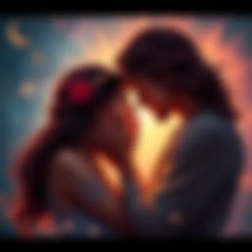 A couple sharing a deep emotional moment, symbolizing the intense connection of Scorpio Venus signs, with stars and a cosmic background.