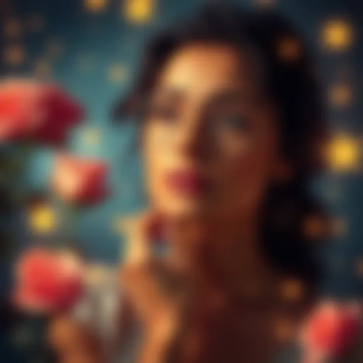 A Scorpio Venus woman looks contemplative while surrounded by romantic symbols like roses and stars.