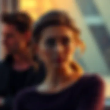 Scorpio Woman Seeking Advice A Scorpio woman looking thoughtful and concerned, possibly with a Leo man in the background looking uncertain. She seeks advice on their relationship filled with mixed signals.