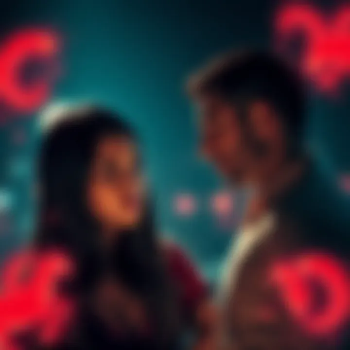 A Scorpio woman looks conflicted while talking to an Aries man, showing emotional tension between them, surrounded by symbols of their zodiac signs.