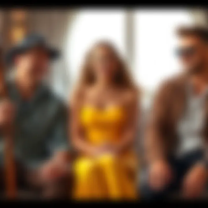 Scorpio Woman with Sagittarius and Gemini Men A Scorpio woman in a bright dress, smiling while sitting between a Sagittarius man in casual clothes and a Gemini man in a stylish outfit, showcasing different personalities and interactions.