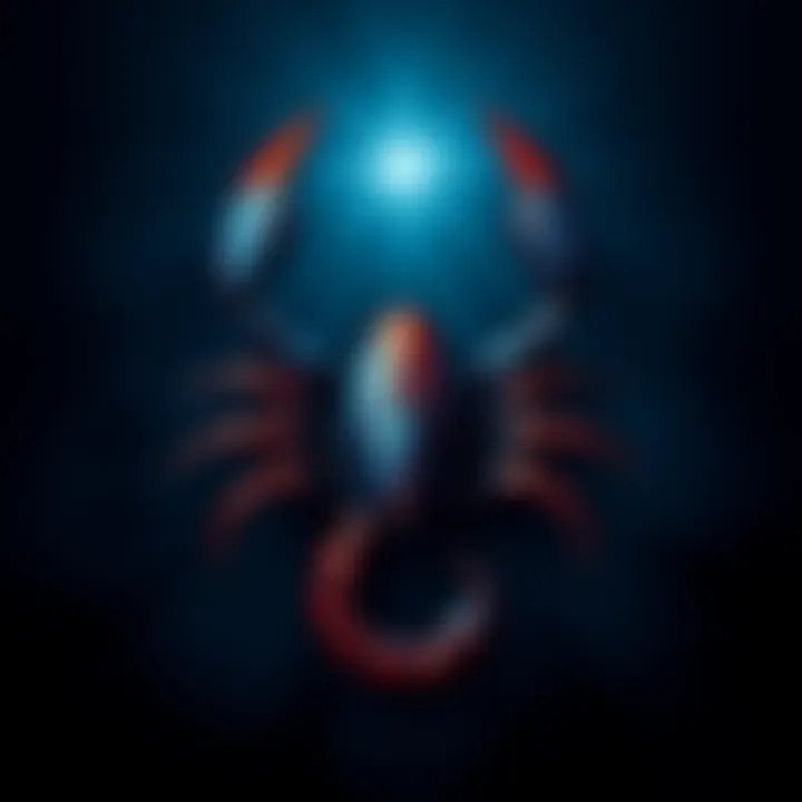 Scorpio Zodiac Sign Illustration A creative illustration of the Scorpio zodiac symbol with a dark color scheme and stars in the background, representing mystery and passion.