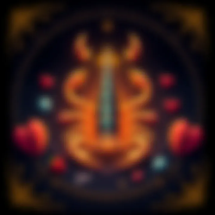 A Scorpio zodiac symbol featuring a scorpion, surrounded by symbols of dishonesty like a broken heart and hidden secrets.