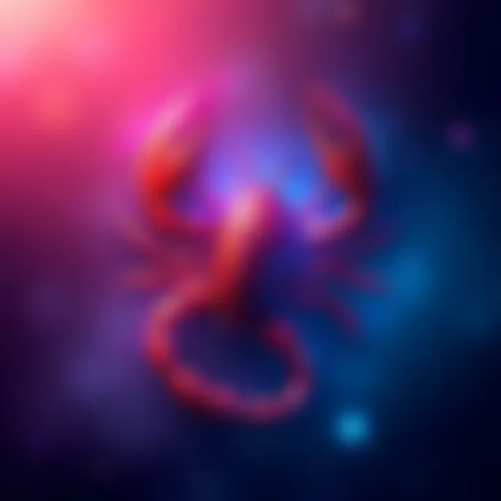 A vibrant illustration of the Scorpio zodiac sign symbol, featuring a scorpion with a starry background, representing intense relationships and emotional depth.