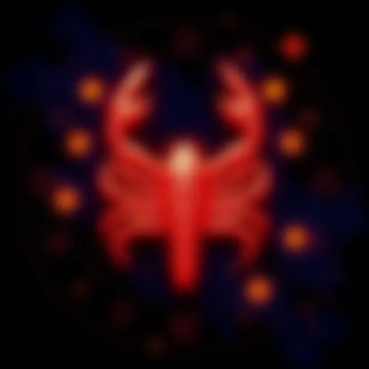 An artistic representation of the Scorpio zodiac sign featuring a scorpion symbol surrounded by stars.