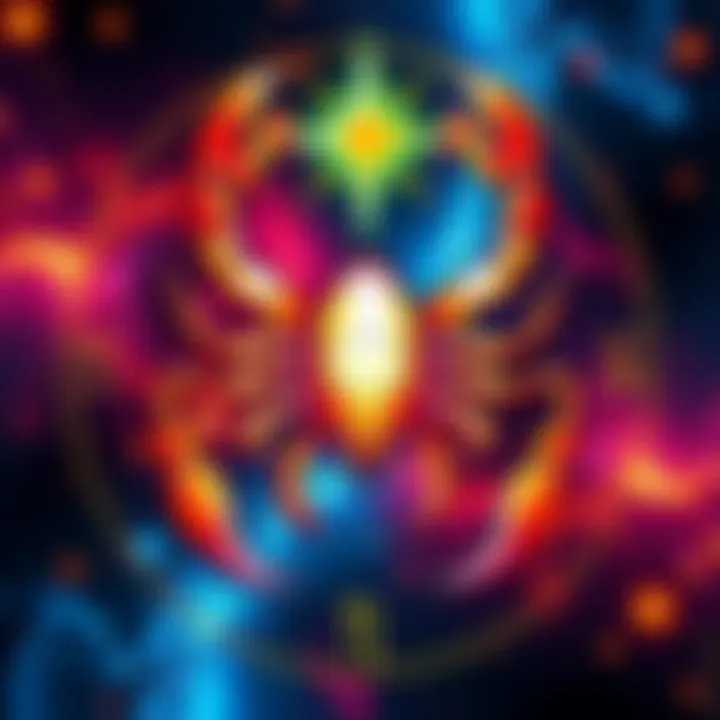 Scorpio Zodiac Sign Illustration An artistic representation of the Scorpio zodiac sign with a scorpion symbol and celestial elements, showcasing astrological themes.