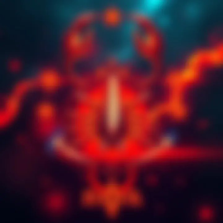 A bold and artistic representation of the Scorpio zodiac sign featuring a stylized scorpion and astrological symbols