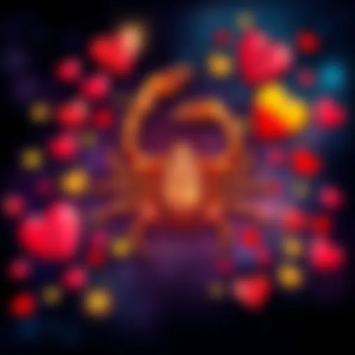 A thoughtful Scorpio symbol surrounded by relationship icons like hearts and broken hearts, reflecting emotional complexity in love.