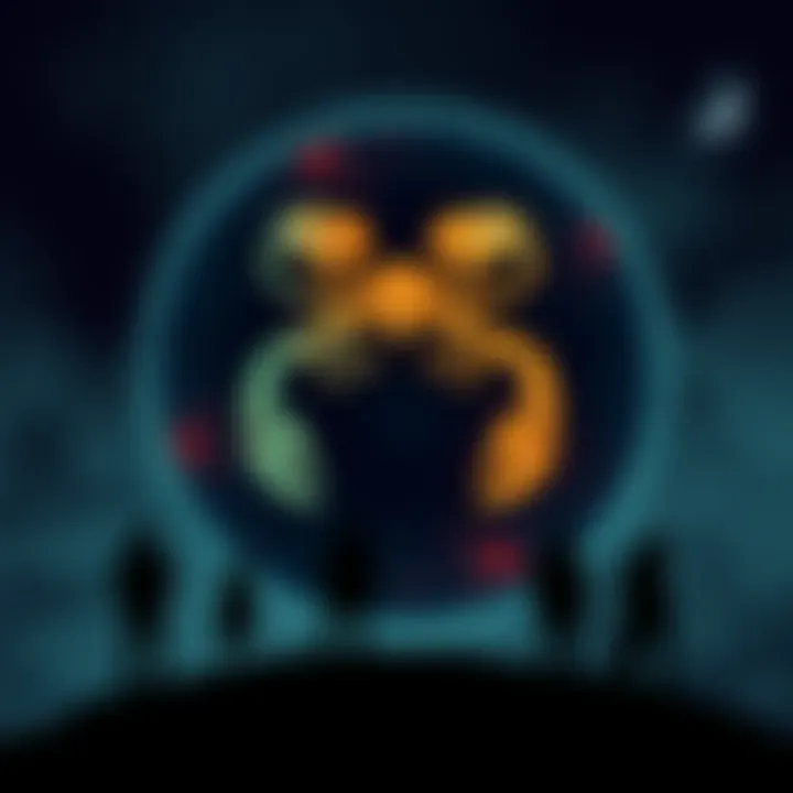 A Scorpio symbol with a dark background, representing intensity and emotion, alongside shadows of lonely figures.