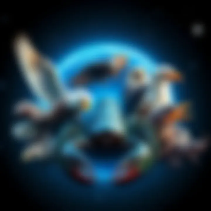 A representation of various animals symbolizing Scorpio traits, including a scorpion and other animals like an eagle and a serpent, surrounded by a starry background.