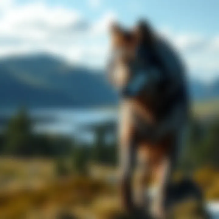 A Scottish Wulver, depicted as a friendly werewolf with fur, stands in a lush green landscape of the Shetland Islands, surrounded by trees and a clear sky.