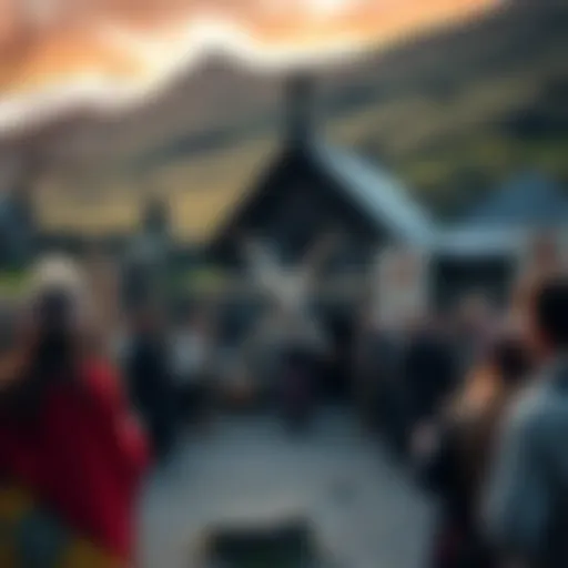 A group of people participating in a traditional Scottish folk ritual, surrounded by natural scenery and old stone structures, showcasing cultural practices.