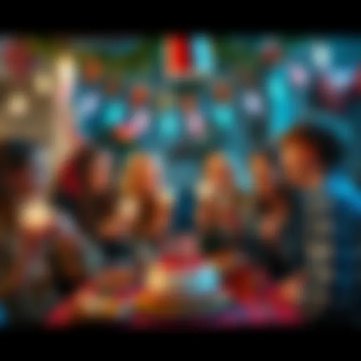 A group of teenagers celebrating a 16th birthday in Scotland, surrounded by traditional decorations and enjoying food and music.