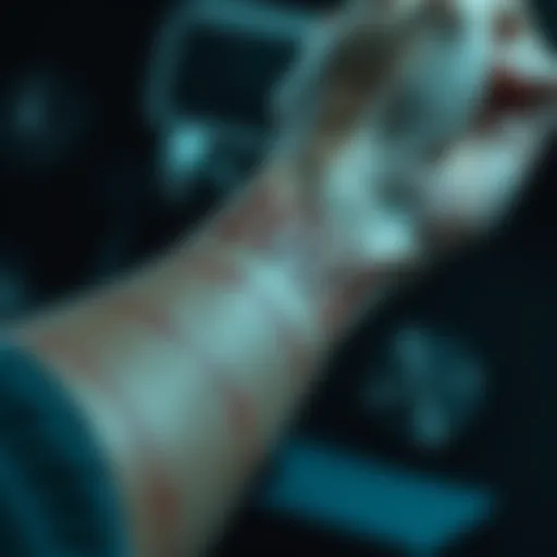 Person with scratches on arm after nightmares Close-up of a person's arm showing thin scratches with a concerned expression