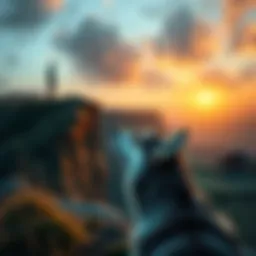 A cliff in a rural area with a shadowy figure in the distance, while a Husky dog looks up, ears perked, as if hearing screams that others cannot.
