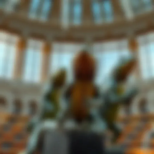 Three reptile figures on display in the European Parliament, sparking debate about shapeshifting theories.
