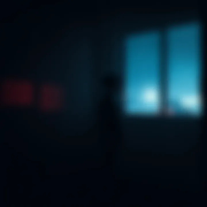 Sean in a dark room during a rainstorm Sean stands alone in a dimly lit room, rain pouring down outside. Eerie shadows dance across the walls as he hears whispers. Blood-red light filters through the windows, creating a haunting atmosphere.