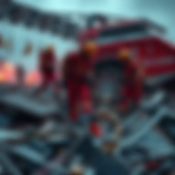 Search and Rescue Efforts Rescue teams searching through debris for missing individuals after a tragic incident.