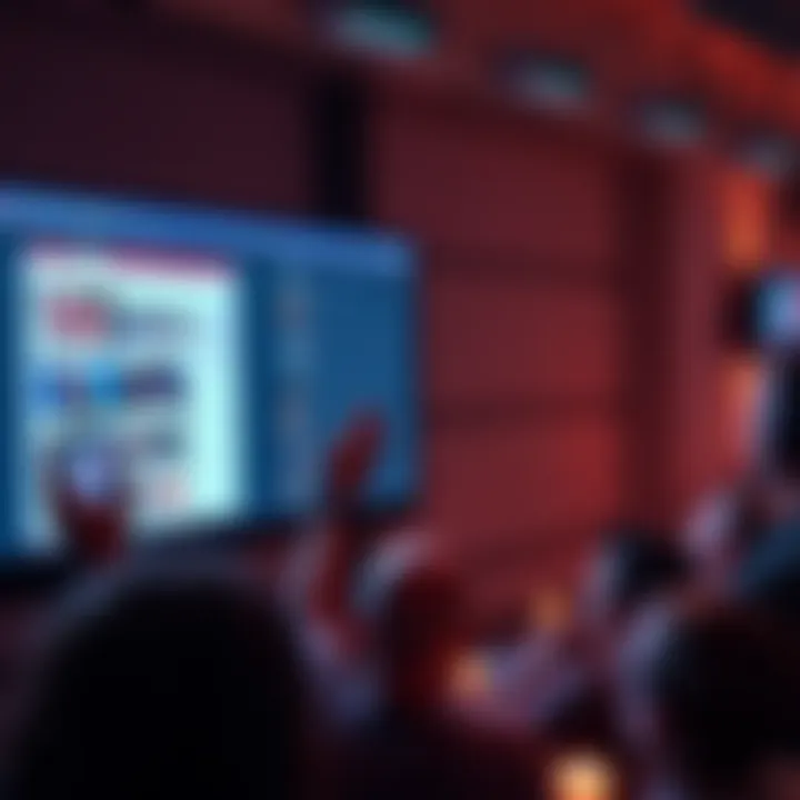 A computer screen displaying the Art Bell database with audio clips and archives visible, surrounded by fans enjoying the content.
