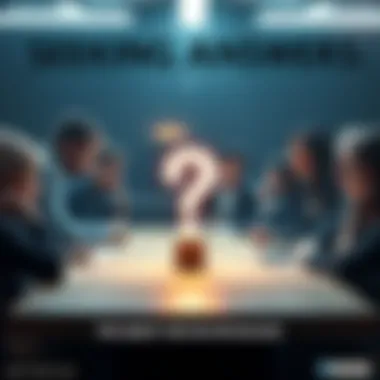 A group of people discussing eagerly around a table, focused on a question mark in the center, symbolizing their quest for a name