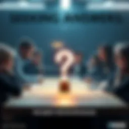 Searching for Identity A group of people discussing eagerly around a table, focused on a question mark in the center, symbolizing their quest for a name
